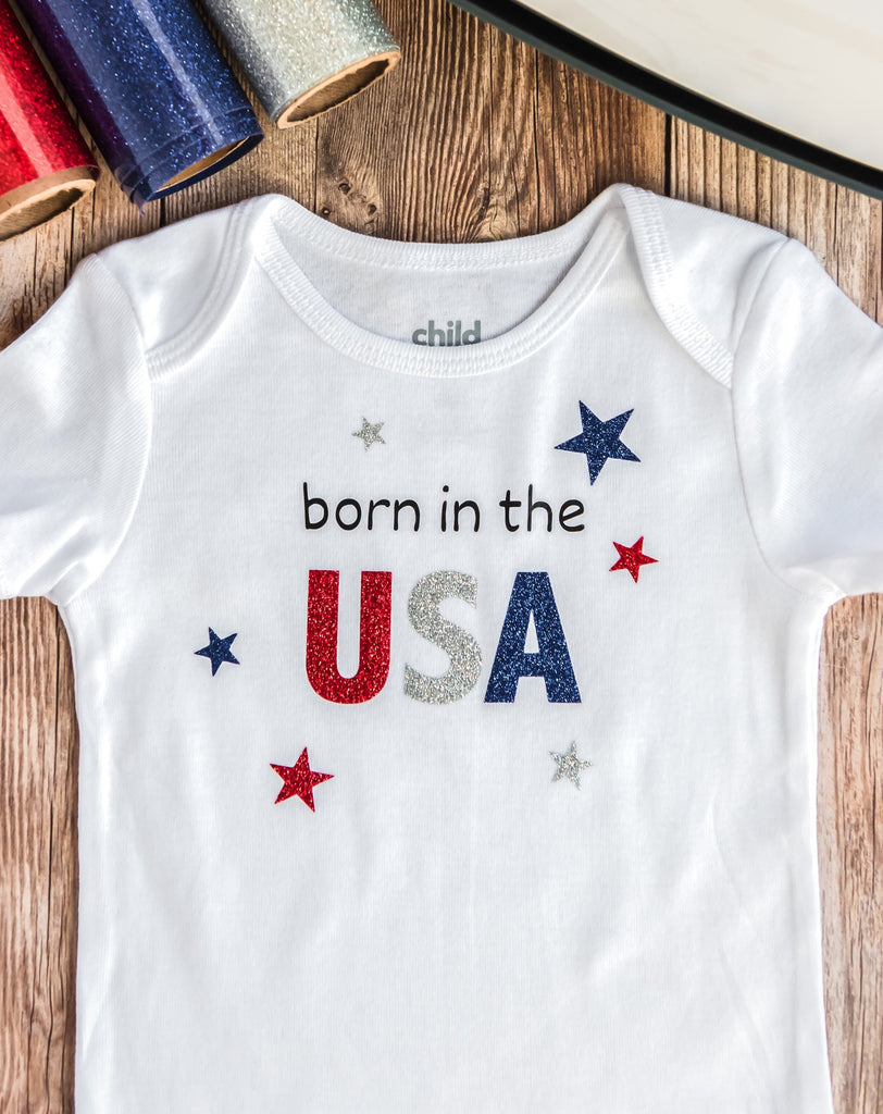 Born In The USA Glittery Baby Onesies - Short Sleeve