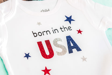 Born In The USA Glittery Baby Onesies - Short Sleeve
