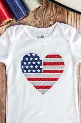 Glittery American Flag Heart Baby Onesies - Short Sleeve